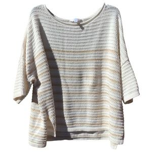 XL Boatneck Ivory Tan Striped Boxy Sweater Relaxed Coastal